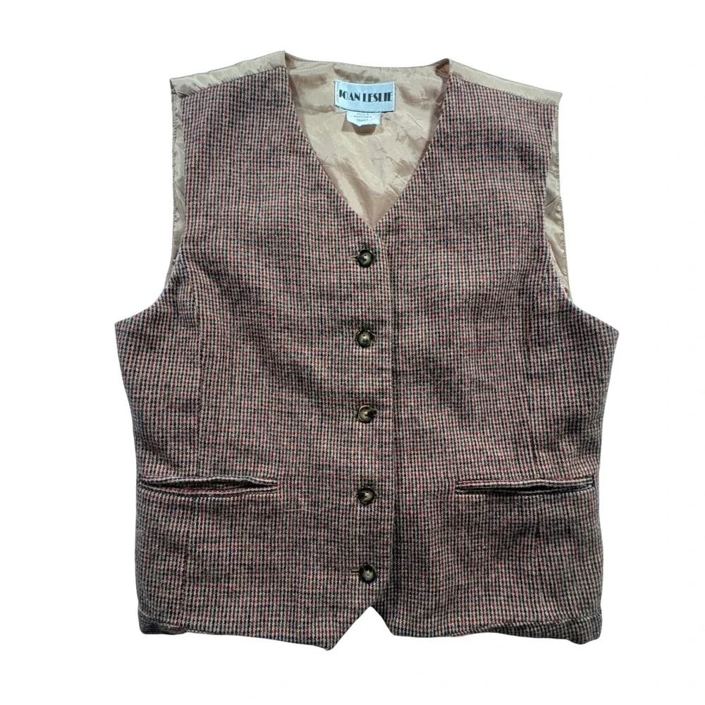 Joan Leslie Tweed Wool Vest Womens Small Multicolor Plaid Button Front Waistcoat